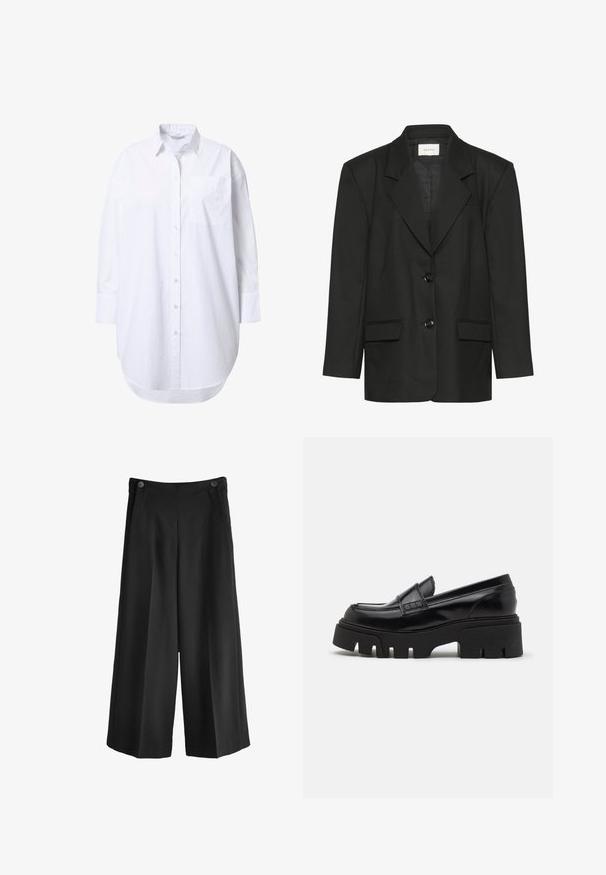 Sort blazer med skræddersyet pasform, spidse revers, to knapper og to forlommer, lavet af et glat, struktureret stof.; Overdimensioneret hvid skjorte med lange ærmer, spidst krave, forlommer og let buet nederkant.; Svarte breddebenede bukser med høj talje, lavet af glat stof. Har to forlommer og to knapper ved linningen.; Sorte læder loafers med en chunky, tekstureret platformssål og en dekorativ rem over toppen. Glat, blank finish.