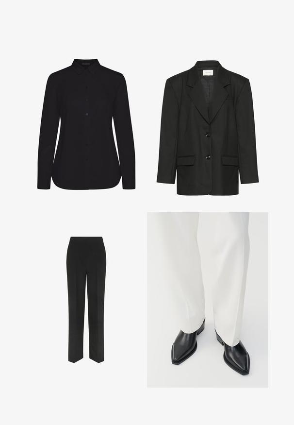 Schwarzer Blazer mit taillierter Passform, spitzen Revers, zwei Knöpfen und zwei Vordertaschen, gefertigt aus einem glatten, strukturierten Stoff.; Schwarzes Langarmshirt aus glattem Stoff, mit kragen und Frontknopfleiste, und gerader Saum.; Schwarze Hose mit geradem Schnitt, versehen mit einem einfachen Bund und ohne sichtbare Taschen, präsentiert vor einem weißen Hintergrund.; Schwarze spitz zulaufende Stiefeletten aus glattem Leder mit flachen Blockabsätzen, kombiniert mit weißen, weiten Hosen. Schlichtes und modernes Design.