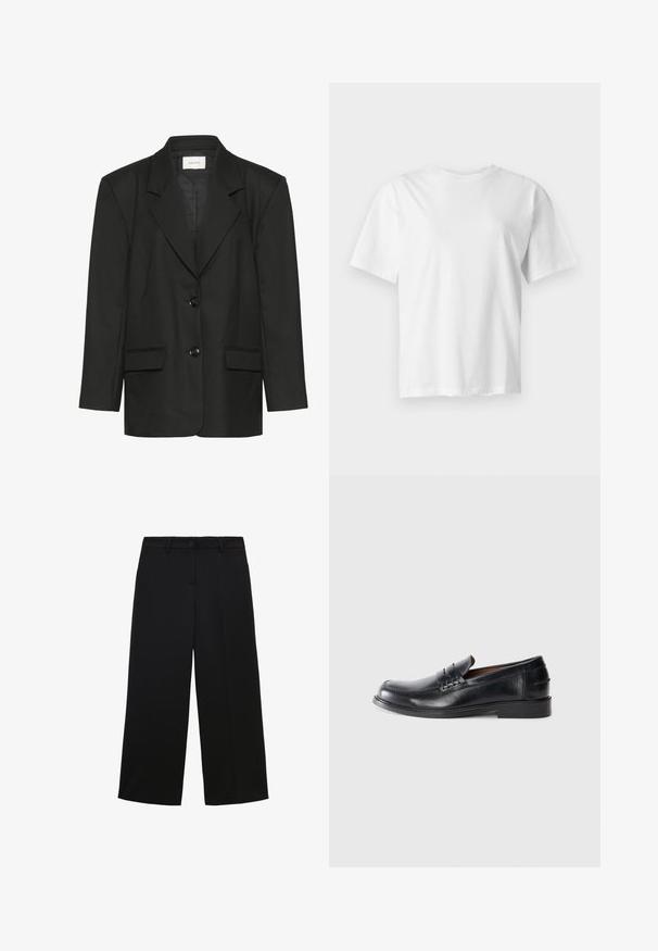 Zwarte blazer met een getailleerde pasvorm, scherpe revers, twee knopen en twee voorzakken, gemaakt van een gladde, gestructureerde stof.; Effen wit T-shirt met korte mouwen en ronde hals, plat weergegeven op een lichtgrijze achtergrond.; Zwarte wide-leg broek van lichtgewicht stof, met een knoopsluiting, voorkeurszakken en een nette, op maat gemaakte afwerking.; Zwarte leren instappers met een ronde neus, gestikte details en een lage blokhak. Soepele textuur met een subtiele glans.