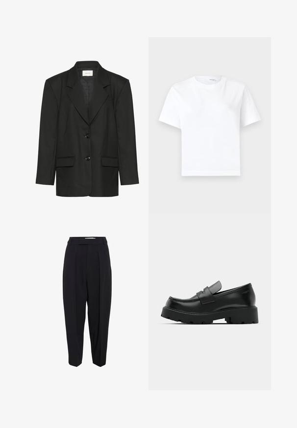 Sort blazer med skræddersyet pasform, spidse revers, to knapper og to forlommer, lavet af et glat, struktureret stof.; Hvid kortærmet bomuld t-shirt med rund halsudskæring og lige kant, vist på en hvid baggrund.; Sorte skræddersyede bukser med høj talje, der har læg og en cropped, tapered buksdesign. Glat stof med en mat overflade.; Sorte læder loafers med en chunky tekstureret sål, der har en rem over vamps og en glat, poleret finish.