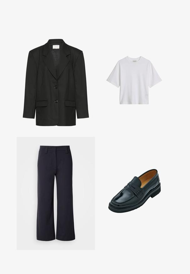 Zwarte blazer met een getailleerde pasvorm, scherpe revers, twee knopen en twee voorzakken, gemaakt van een gladde, gestructureerde stof.; Wit katoenen T-shirt met korte mouwen en een ronde hals, losse pasvorm, effen voorkant met zichtbare kraaglabel tegen een effen achtergrond.; Wijd-zittende broek in donkerblauwe stof. Heeft een vlakke voorkant, riemlussen en zijzakken. Het materiaal is glad met een lichte stretch.; Zwarte leren instappers met een gladde afwerking, voorzien van een verhoogde band over de wreef, een ronde neus en een lage, platte rubberen zool.
