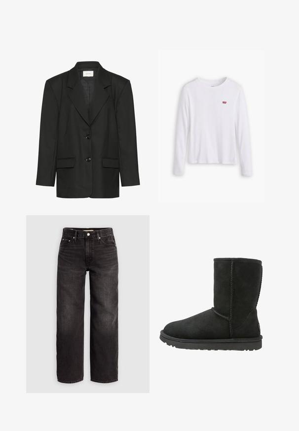 Zwarte blazer met een getailleerde pasvorm, scherpe revers, twee knopen en twee voorzakken, gemaakt van een gladde, gestructureerde stof.; Witte lange mouwen shirt van zachte katoen. Bevat een klein rood Levi's logo op de linkerborst. Klassiek ronde hals ontwerp.; Levi's® BAGGY DAD - Baggy jeans - shrink up; Zwarte suède enkellaars met een ronde neus, gestikte naden en een platte rubberen zool. Heeft een eenvoudig ontwerp zonder versieringen.