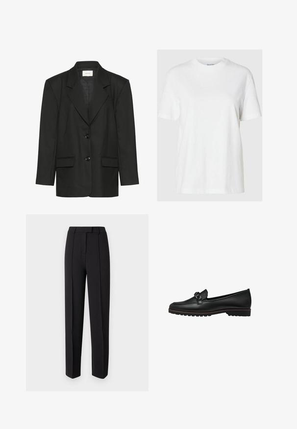 Blazer negro con corte entallado, solapas pico, dos botones y dos bolsillos delanteros, confeccionado en una tela suave y texturizada.; Camiseta de algodón blanca con mangas cortas y escote redondo. Presenta un corte relajado y un diseño minimalista sin patrones ni acentos.; Pantalones negros a medida con una textura suave, que presentan un corte recto, trabillas para cinturón y dos pinzas delanteras para un detalle adicional.; Mocasines de cuero negro con un acento trenzado en la parte delantera, suela de goma plana y detalles de costura a lo largo del borde.
