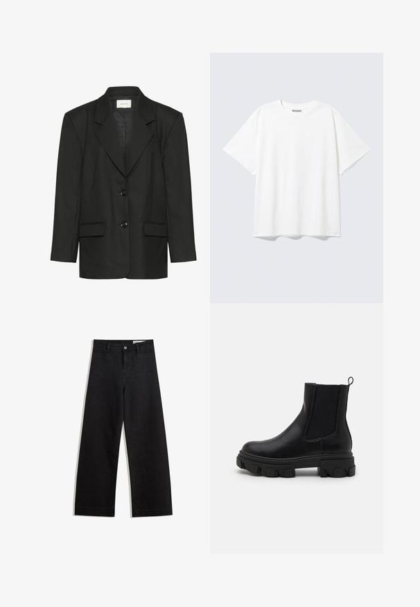 Schwarzer Blazer mit taillierter Passform, spitzen Revers, zwei Knöpfen und zwei Vordertaschen, gefertigt aus einem glatten, strukturierten Stoff.; Weißes T-Shirt mit kurzen Ärmeln, Rundhalsausschnitt und entspanntem Schnitt mit einem "WEEKDAY" Etikett an der Innenseite des hinteren Halsbereichs.; Schwarze weit geschnittene Jeans mit hoher Taille, ausgestattet mit Vorder- und Hintertaschen, gesteppten Nähten und einem Knopfverschluss. Glatte Textur.; Schwarze Leder-Ankle-Boots mit elastischen Seiteneinsätzen, dicker Gummisohle und Zugschlaufe. Sie haben eine glatte Textur und ein ausgeprägtes Profil.