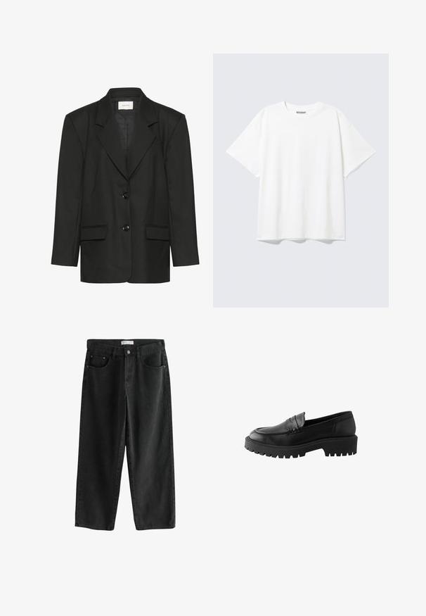 Zwarte blazer met een getailleerde pasvorm, scherpe revers, twee knopen en twee voorzakken, gemaakt van een gladde, gestructureerde stof.; Witte T-shirt met korte mouwen en een ronde hals, met een relaxte pasvorm en een "WEEKDAY" label aan de binnenkant achter bij de hals.; Zwarte wijde denim jeans met een medium taille, voorzien van twee voorzakken, een knoopsluiting en subtiele stikdetails.; Zwarte leren instapper met een ronde neus, verhoogde stiknaaddetails en een stevige rubberen zool met diepe profielen voor grip.