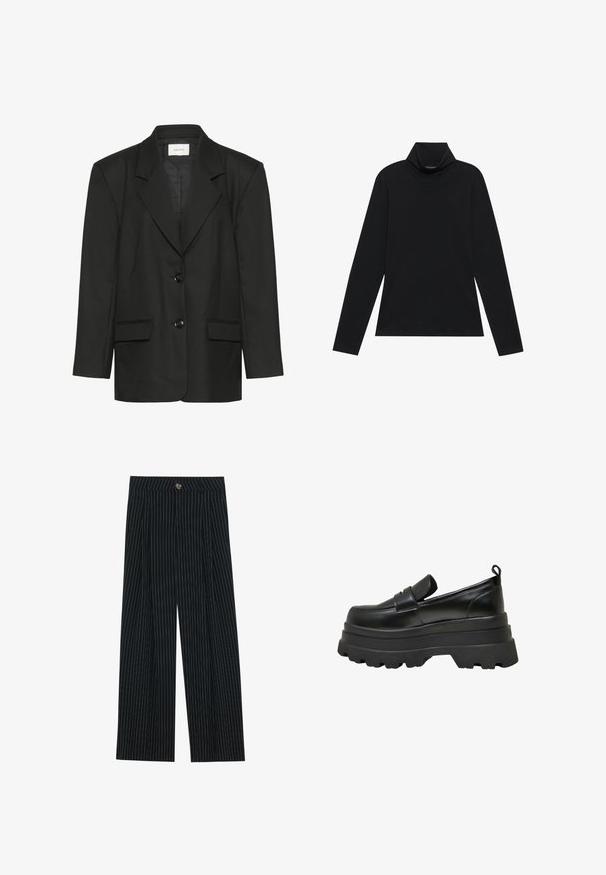 Blazer noir à coupe ajustée, revers crantés, deux boutons et deux poches avant, fabriqué dans un tissu lisse et texturé.; Turtleneck à manches longues noir. Tissu doux, design près du corps, col montant et coutures latérales. Style simple et polyvalent, idéal pour le superposition.; Pantalons large à rayures noires en tissu texturé, dotés d'une fermeture à bouton sur le devant et d'un design plissé pour un intérêt supplémentaire.; Mocassins noirs avec une semelle plateforme épaisse, en cuir lisse. Présentent un bout arrondi, une seule sangle et une languette.