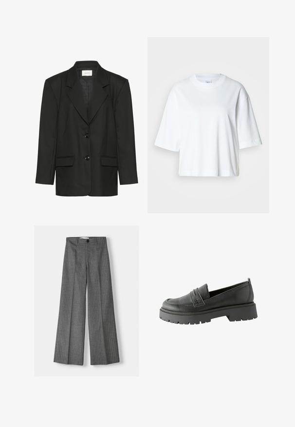 Sort blazer med skræddersyet pasform, spidse revers, to knapper og to forlommer, lavet af et glat, struktureret stof.; Hvid cropped t-shirt med korte ærmer, rund halsudskæring, lavet af blødt bomuldsmateriale, med et enkelt og rent design.; Grå brede bukser med stribe-mønster, udstyret med knaplukning og to forlommer. Lavet af tekstureret stof.; Sorte læder loafers med en tekstureret overflade, fremtrædende syning og en tykk sort gummisåle med mønster.