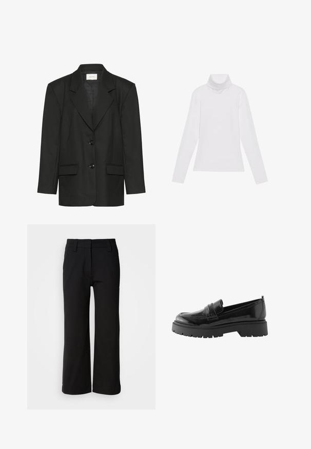 Zwarte blazer met een getailleerde pasvorm, scherpe revers, twee knopen en twee voorzakken, gemaakt van een gladde, gestructureerde stof.; Witte lange mouw turtleneck top gemaakt van glad, elastisch materiaal. Voorzien van een hoge kraag en een getailleerd ontwerp, zonder zichtbare patronen of versieringen.; Zwarte wijde broek gemaakt van soepel stof. Kenmerkt zich door een vlakke voorkant, ceintuurlussen en een nette zoom zonder zakken of zichtbare sluitingen.; Zwarte lakleren loafers hebben een laag platformzool met een robuuste profiel en een gestikte detail over de middenvoet.