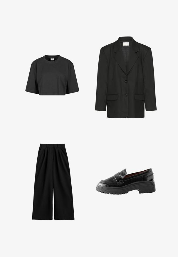 Sort blazer med skræddersyet pasform, spidse revers, to knapper og to forlommer, lavet af et glat, struktureret stof.; Afskåret sort t-shirt lavet af bomuld, med en afslappet pasform, korte ærmer og en ribbet rund halsudskæring. Ingen synlige mønstre eller accenter.; Sorte bukser med vide ben og høj talje, udstyret med bæltestropper, frontplisseringer og en ren, glat stoffinish.; Sorte patenterede læderloafers med en kraftig gummisål, der har en rund tå og et syet, hævet bånd tværs over vristen.