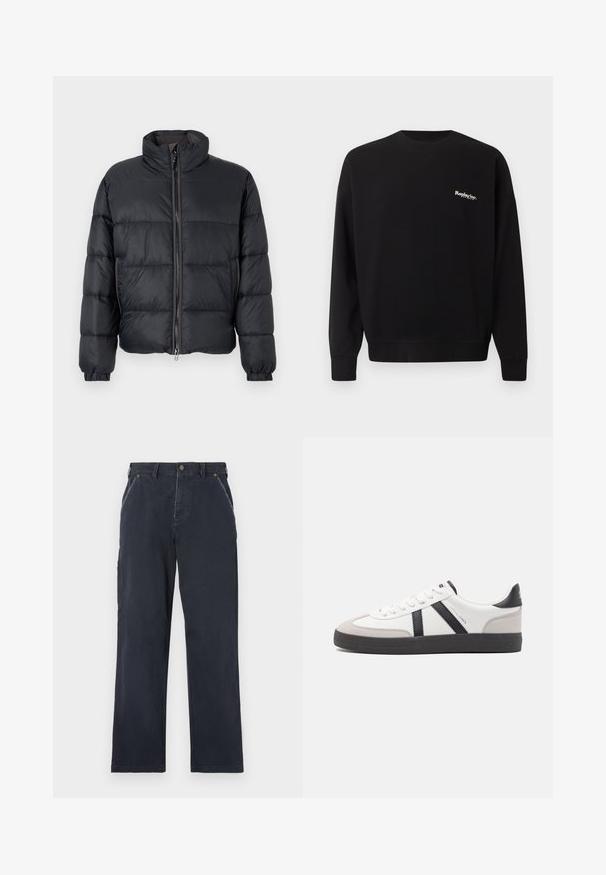 Doudoune noire avec col montant, coutures horizontales, fermeture éclair à l'avant et poignets élastiques. Fabriquée en matériau léger et lisse.; Replay Inc. Sweatshirt - black; Pantalons en coton bleu marine avec une coupe droite. Comprend des poches avant, une fermeture à bouton et des détails de couture visibles.; Baskets blanches avec des accents noirs et gris, présentant un embout texturé gris, une semelle en caoutchouc noir et des lacets plats blancs. Design épuré, style minimaliste.
