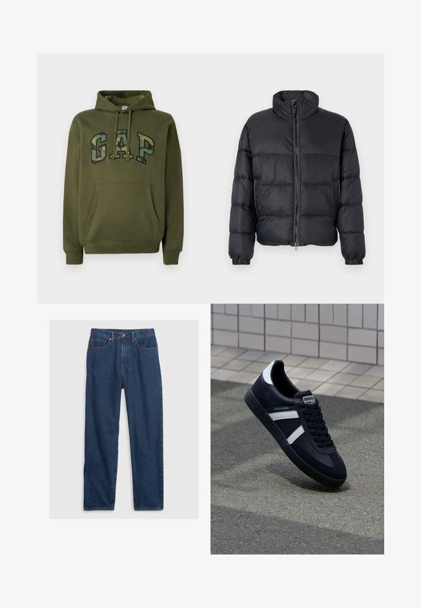 Chaqueta de abrigo negra con cuello alto, costura horizontal, cierre de cremallera frontal y puños elásticos. Hecha de un material ligero y suave.; Sudadera verde oliva con bolsillo canguro frontal, capucha con cordones y logotipo "GAP" en estampado de camuflaje en el pecho.; Jeans de mezclilla en azul oscuro con corte recto, presentan un diseño de cinco bolsillos, botón superior y acentos de remaches de cobre.; Zapatilla de cuero negra con rayas blancas, suela de goma texturizada y parte frontal con cordones. Cuenta con una etiqueta de marca en la lengüeta.