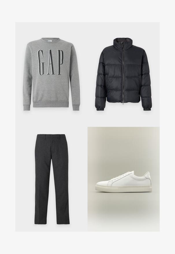 Sort puffjakke med høj krave, vandret syning, frontlynlås og elastiske manchetter. Lavet af letvægts, glat materiale.; Grå sweatshirt med rund hals, ribbede manchetter og kant, med ordet "GAP" i store sorte bogstaver på forsiden. Blød stofstruktur.; Mørkegrå skræddersyede bukser med en glat tekstur, lige ben, forlommer og bæltestropper til justerbar pasform.; Hvid lavtop sneaker med snørebånd foran og tyk sål, vist fra siden mod en neutral baggrund.