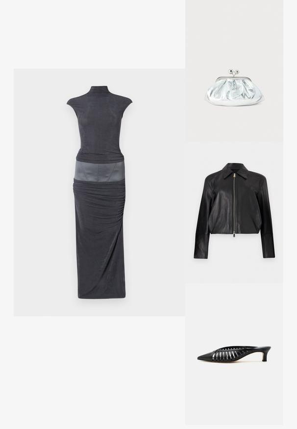 Veste en cuir noire à manches longues, col pointu et fermeture éclair frontale argentée sur fond blanc uni.; Robe ajustée gris foncé avec un col montant, des manches courtes, un corps froncé, et un panneau lisse gris en accent à la taille. Design long et fluide.; Mule en cuir noir avec bout pointu, design découpé à brides et petit talon kitten sur fond blanc.; Petit sac pochette métallique argenté avec un design arrondi et froncé, fermeture à clip avec deux boules argentées.