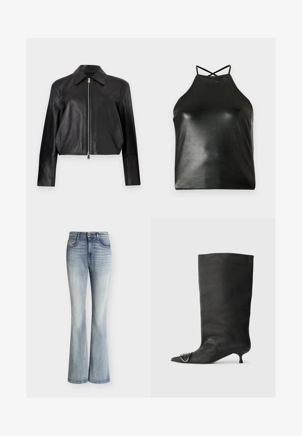 Veste en cuir noire à manches longues, col pointu et fermeture éclair frontale argentée sur fond blanc uni.; Haut noir à col licou en similicuir brillant. Dispose de bretelles croisées dans le dos et d'un logo discret embossé près de l'encolure.; Jean en denim bleu clair taille haute avec une légère évasement en bas et des détails délavés sur le devant des cuisses.; Bottines en cuir noir à bout pointu, petite talon et détail métallique sur le bout. Texture lisse et mate partout.