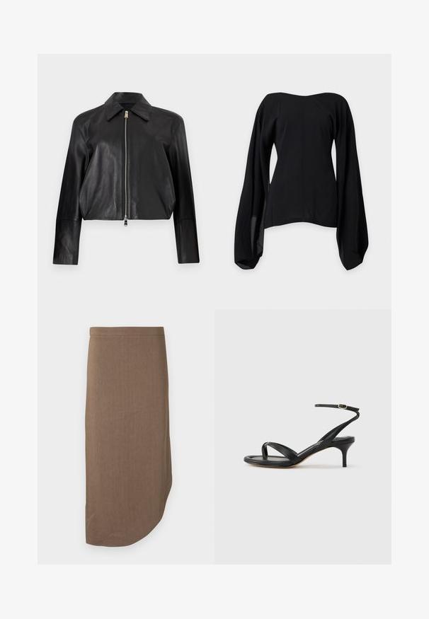 Veste en cuir noire à manches longues, col pointu et fermeture éclair frontale argentée sur fond blanc uni.; Blouse noire épaules dénudées avec larges manches longues fluides et taille cintrée, présentée sur un fond gris clair uni.; Jupe crayon marron longueur genou avec un ourlet asymétrique et une taille ajustée, affichée sur fond blanc.; Sandale pour femme en cuir noir avec fines lanières, une boucle d'orteil, une boucle à la cheville et un talon aiguille de hauteur moyenne sur un fond neutre.