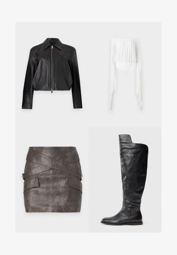 Schwarze Lederjacke mit langen Ärmeln, spitzem Kragen und vorderem silbernem Reißverschluss auf weißem Hintergrund.; Weißes schulterfreies Crop-Top mit gerafftem, elastischem Ausschnitt und Ärmeln, langen asymmetrischen, fließenden Ärmeln und einem taillierten Bund.; Dunkelgrauer Kunstleder-Minirock mit asymmetrischem Design, das Überlappungsdetails und Seitentaschen mit metallischen Hardware-Akzenten bietet.; Schwarze Lederstiefel bis zum Knie mit flacher Sohle und leicht breiterem oberen Teil, der auf der Außenseite asymmetrisch geschnitten ist.