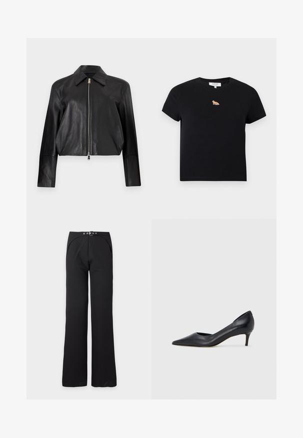 Veste en cuir noire à manches longues, col pointu et fermeture éclair frontale argentée sur fond blanc uni.; T-shirt court noir à manches courtes avec petit logo renard orange brodé centré sous l'encolure ronde.; Pantalon noir taille haute à jambes larges avec ceinture noire intégrée comportant des œillets et une boucle argentés, présenté à plat sur fond blanc.; Escarpin en cuir noir avec un bout pointu et un talon bas. Présente une texture lisse et un éclat subtil. Découpe ouverte à l'avant pour un détail supplémentaire.