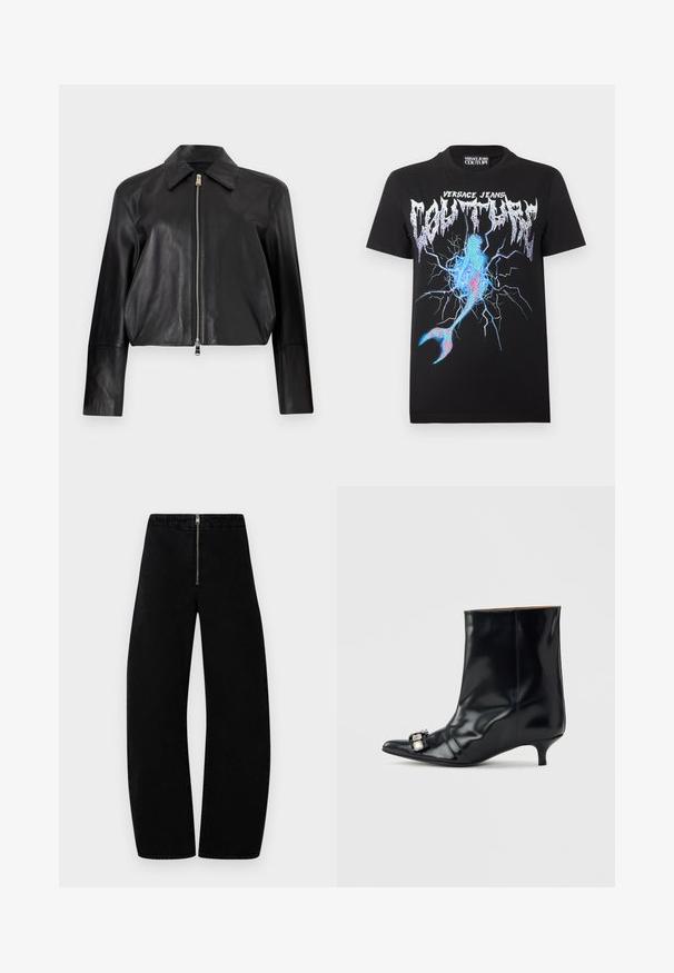 Veste en cuir noire à manches longues, col pointu et fermeture éclair frontale argentée sur fond blanc uni.; T-shirt noir Versace Jeans Couture avec logo métallique et graphisme éclair bleu et rose ressemblant à une surface fissurée et une queue de sirène.; Pantalon en denim noir avec une fermeture éclair, coupe large et texture lisse. Aucun motif ou accent visible. Silhouette propre et simple.; Bottine en cuir noir avec bout pointu, petit talon kitten bas et boucle décorative en argent sur le côté près de l'orteil.