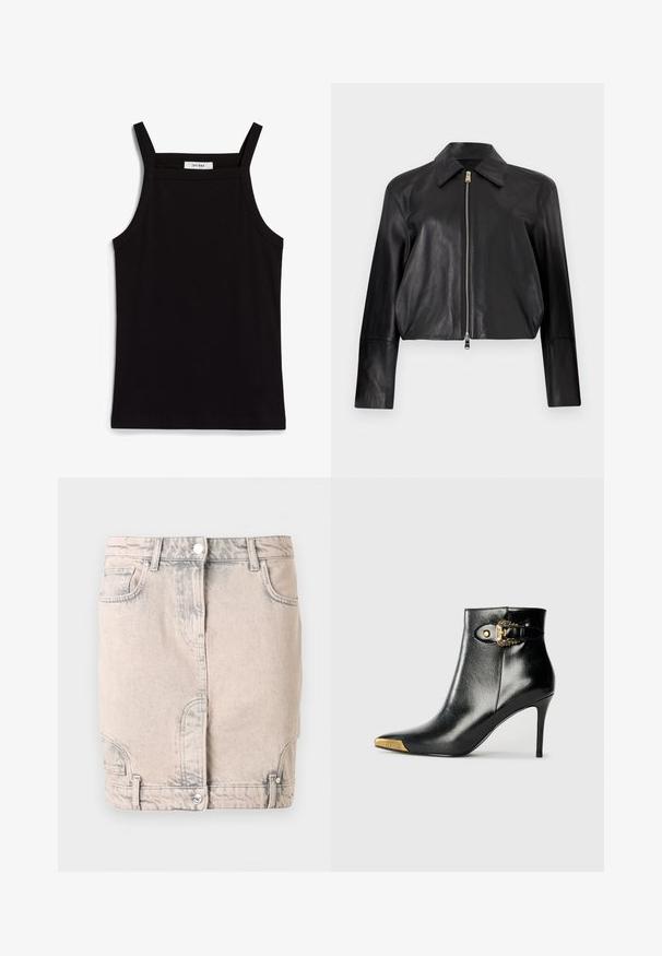 Schwarze Lederjacke mit langen Ärmeln, spitzem Kragen und vorderem silbernem Reißverschluss auf weißem Hintergrund.; Schwarzes Tanktop mit dünnen Spaghetti-Trägern, aus geripptem Stoff, mit geradem Schnitt und einem Etikett am Hals, auf dem "IVY OAK" steht.; Hellbeiger Jeans-Minirock mit vorderer Knopfleiste, Gürtelschlaufen, schrägen Taschen und dezenten Used-Details.; Schwarzer Knöchelstiefel aus glänzendem Leder mit spitz zulaufender Zehenpartie, Stöckelabsatz und goldfarbener Hardware mit dekorativem Schnallendetail.