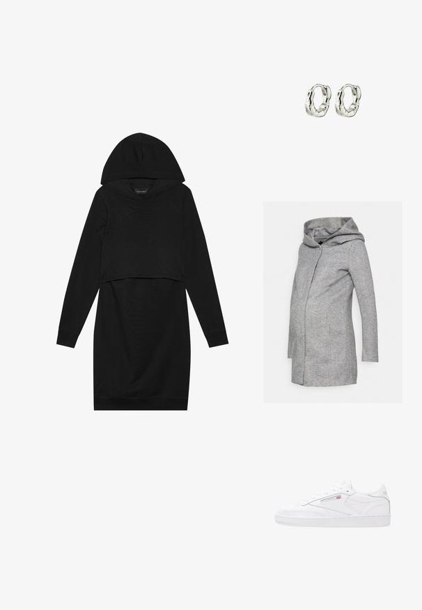 Grau gebundene Umstandsjacke mit Kapuze, langen Ärmeln und einem Reißverschluss vorne. Gefertigt aus weichem, strukturiertem Stoff mit taillierter Passform.; Schwarzes Pulloverkleid mit Kapuze, langen Ärmeln und cropped Design. Hergestellt aus weichem Stoff mit glatter Textur und gerippten Bündchen.; Weiße Leder-Sneaker mit einem Low-Top-Design, Schnürverschluss, strukturierten Seitenpanelen und geprägtem Reebok-Branding. Gummiaußensohle.; Silberne Creolen mit einem strukturierten, organischen Design. Jede Ohrringe hat eine glatte, abgerundete Form und ein poliertes Finish.