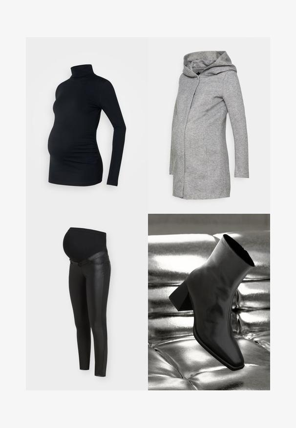 Manteau de maternité gris avec capuche, manches longues et fermeture éclair devant. Confectionné dans un tissu doux et texturé avec une coupe ajustée.; Haut à manches longues noir à col roulé en tissu extensible, conçu pour accueillir un ventre de femme enceinte, avec des détails de fronces sur les côtés.; Leggings de maternité noirs avec panneaux avant en simili cuir et tissu extensible sur le ventre pour le confort et le soutien pendant la grossesse.; Botte noire à la cheville en matériau brillant avec un bout carré et un talon effilé, sur un fond argenté brillant et capitonné.