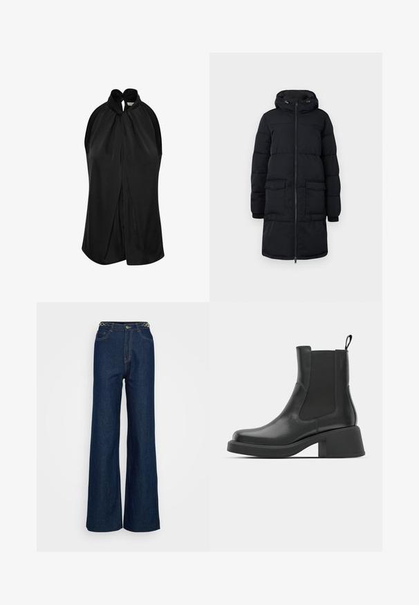 Abrigo de invierno largo y negro acolchado con capucha, cremallera frontal y dos grandes bolsillos con solapa, exhibido sobre fondo blanco.; Top negro sin mangas con un cuello halter y un detalle de nudo, fabricado en una tela suave, con un diseño drapeado que cae libremente desde los hombros.; Jeans de mezclilla de corte amplio en azul oscuro, con diseño clásico de cinco bolsillos, costura reforzada y un acento de hardware circular en la cinturilla.; Botas de cuero negro hasta el tobillo con paneles laterales elásticos, punta redondeada y un tacón grueso. Textura suave con un diseño minimalista.
