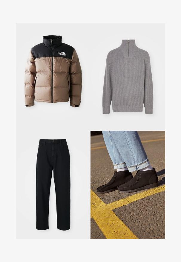 Chaqueta de plumas con una parte superior negra y una parte inferior marrón claro, que cuenta con un cierre frontal, bolsillos laterales y un logo en el pecho.; Carhartt WIP MARLON HALF ZIP - Jersey de punto - grey heather; Pantalones de mezclilla negros con un corte recto. Presenta un diseño clásico de cinco bolsillos, cierre de botones y una sutil textura en la tela.; Botas de tobillo de ante negro con textura suave, punta redondeada y detalles de costura. Combinadas con jeans azul claro con dobladillo y calcetines blancos.