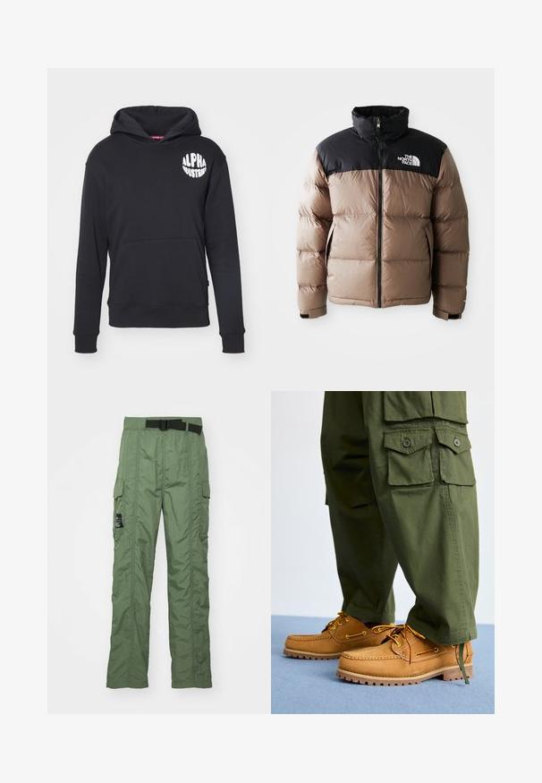Puffermantel mit einem schwarzen oberen Teil und einem hellbraunen unteren Teil, ausgestattet mit einem Reißverschluss vorne, Seitentaschen und einem Logo auf der Brust.; Schwarzer Hoodie aus Baumwollmischgewebe. Mit einer vorderen Kängurutasche, weißem Logo auf der linken Brust und gerippten Bündchen und Saum.; Cargo-Hosen in Olivgrün, aus leichtem Material gefertigt. Mit einem schwarzen Gürtel, Cargo-Taschen an den Seiten und detailverliebt genähten Nähten.; Timberland AUTHENTIC 3 EYE - Bootsschuh - wheat