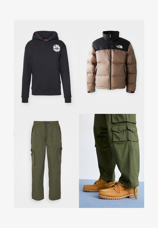 Puffermantel mit einem schwarzen oberen Teil und einem hellbraunen unteren Teil, ausgestattet mit einem Reißverschluss vorne, Seitentaschen und einem Logo auf der Brust.; Schwarzer Hoodie aus Baumwollmischgewebe. Mit einer vorderen Kängurutasche, weißem Logo auf der linken Brust und gerippten Bündchen und Saum.; Olivgrüne Cargo-Hosen aus leichtem Material mit elastischem Bund, Kordelzug und mehreren Reißverschlusstaschen.; Timberland AUTHENTIC 3 EYE - Bootsschuh - wheat