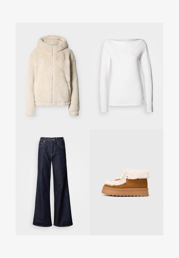 Veste à capuche duveteuse de couleur crème avec fermeture éclair à l'avant et manches longues, présentée sur un fond gris clair uni.; Chemise blanche à manches longues en coton, avec un large col bateau et une silhouette ajustée. Texture lisse sans motifs ni accents visibles.; Jean à jambes larges en denim foncé, présentant une taille haute, cinq poches, des coutures blanches contrastantes et une texture lisse.; Bottine en daim marron avec un bord en fausse fourrure blanche, semelle en caoutchouc plate et lacets décoratifs. Présente une pointe arrondie et une surface texturée.