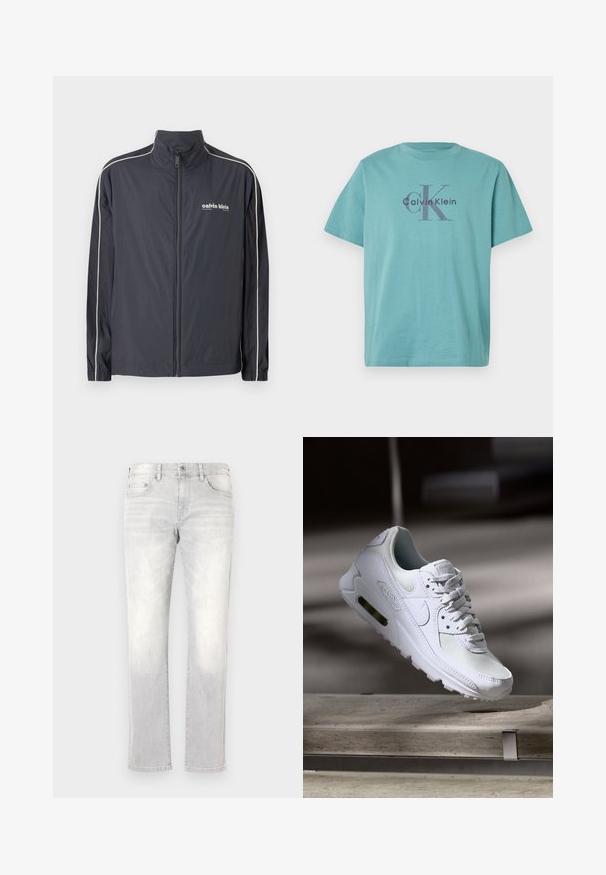Calvin Klein Jeans Veste légère - ebony; T-shirt turquoise en coton avec le logo "Calvin Klein" et l'emblème "cK" en gris foncé au centre. Encolure ronde standard et manches courtes.; Jean en denim gris clair avec une coupe droite, un léger dégradé, des poches avant et une seule poche arrière. Fermeture classique par bouton et zip.; Sneaker Nike Air Max 90 blanche avec une tige en mesh et cuir, une boîte à orteils perforée et une unité air visible au talon.
