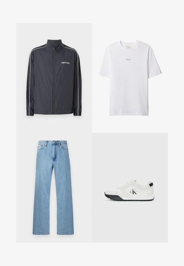 Calvin Klein Jeans Leichte Jacke - ebony; Weißes Baumwoll-T-Shirt mit Rundhalsausschnitt und kurzen Ärmeln. Auf der Brust zentriert befindet sich ein kleines schwarzes "Calvin Klein"-Logo.; Hellblaue gerade geschnittene Jeans im Five-Pocket-Design mit Knopfverschluss an der Taille, präsentiert vor einem schlichten Hintergrund.; Weiße Calvin Klein Sneaker mit schwarzem Sohle, Wildleder- und Mesh-Einsätzen, CK-Logo an der Seite sowie Calvin Klein-Branding an Ferse und Sohle.