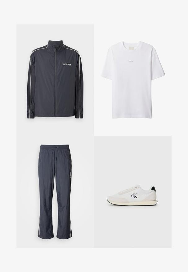 Calvin Klein Jeans Chaqueta fina - ebony; Camiseta blanca de algodón con cuello redondo y mangas cortas. Cuenta con un pequeño logo negro de "Calvin Klein" centrado en el pecho.; Pantalones de chándal ligeros en azul marino con cintura elástica, bolsillos laterales y franjas blancas en los costados. Textura suave.; Zapatilla blanca con materiales de ante y tela. Presenta un acento negro en el talón, diseño con cordones y un pequeño logotipo negro en el lateral.