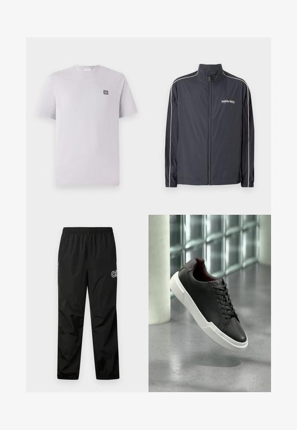 Calvin Klein Jeans Let jakke / Sommerjakker - ebony; Lys lavendelfarvet kortærmet t-shirt lavet af bomuld med rund hals og et lille mørkt logo-patch på venstre bryst. Glat tekstur.; Sorte regnbukser lavet af letvægts, vandtæt materiale. Har en elastisk talje og logo-detalje på siden. Glat tekstur.; Sort lædersneaker med tyk hvid sål, sorte snørebånd, svævende over en grå beton gulv nær en væg med glasblokke.