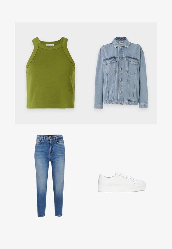 Heleheles sinine teksajakk, millel on nööpidega esiosa, kaks rinna taskut ja klassikaline krae. Tekstureeritud materjal koos nähtavate õmblusdetailidega.; CLOSED CROPPED RACER TANK - Topp - pistachio green; Heledad sinine teksapüksid, mis on kitsas siluetiga, kõrge vöökoht, viie tasku disain ja kerge kulumine. LTB brändi silt vöökohtade peal.; Valge nahkne sneaker sileda pinnaga, ümmarguse varbaga ja tasase tallaga. Omab nöörimisega sulgemist ja peeneid tikandeid.