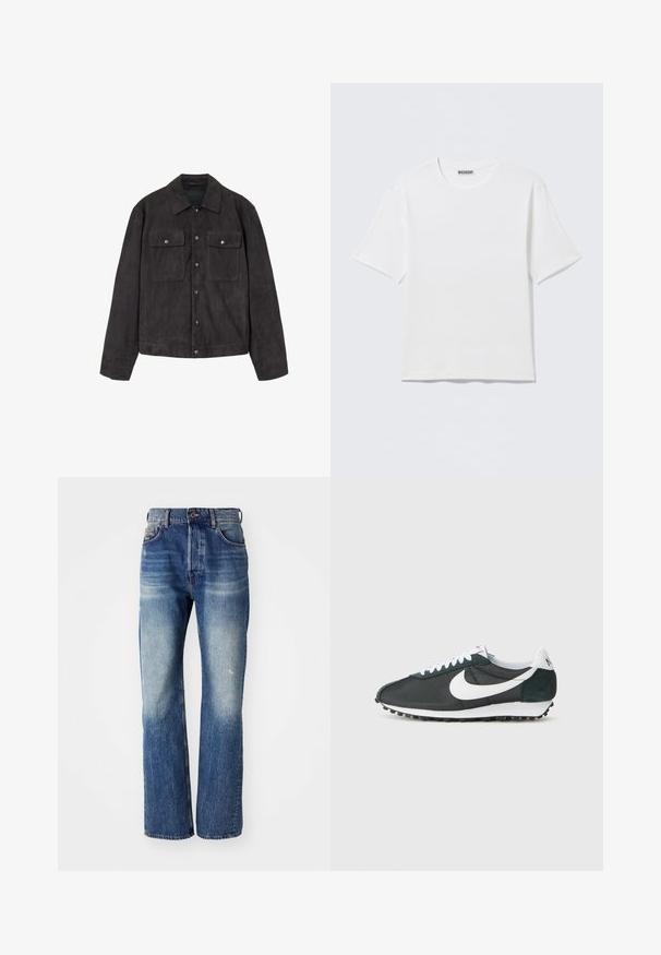 Zwarte suède jas met knoopsluiting aan de voorkant, twee borstzakken met kleppen en subtiele stiknaden. Klassieke kraag en lange mouwen.; Effen witte T-shirt met korte mouwen en ronde hals, met een klein "WEEKDAY" label aan de binnenkant van de achterkraag, weergegeven op een vlakke ondergrond.; Blauwe denim jeans met een rechte pijpdesign, met lichte vervaging en een lichte wassing aan de voorkant. Standaard vijf-pocket stijl.; Zwarte mesh sneakers van Nike met een witte swoosh, witte veters en donkergroene suède accenten. Voorzien van een gestructureerde zwarte rubberen zool.