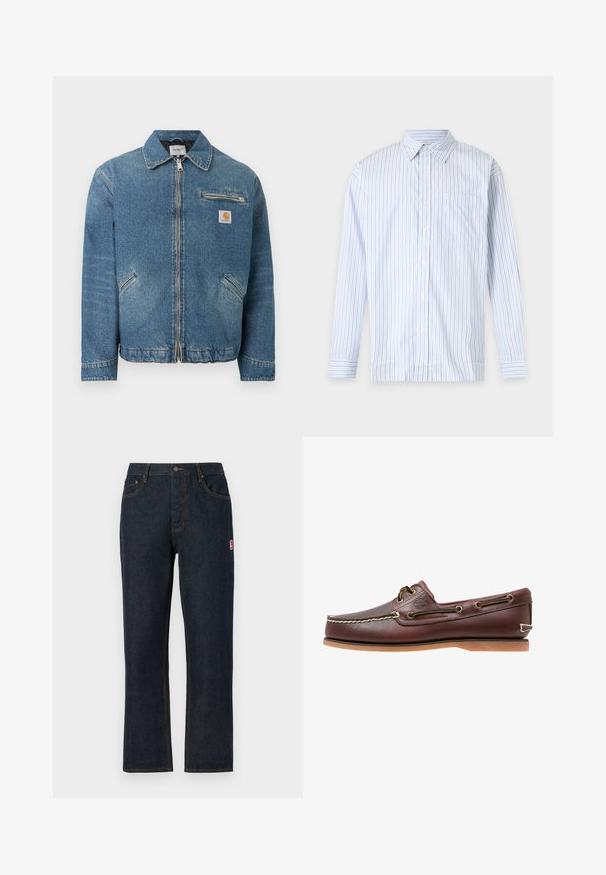 Blauwe spijkerjas met ritssluiting aan de voorkant, twee schuin geplaatste lagere zakken, een met rits afsluitbare borstzak en een vierkante Carhartt-logo patch op de borst.; Overhemd met lange mouwen en knopen, lichtblauwe en witte verticale strepen en een borstzak op een effen achtergrond.; Donkerblauwe denim jeans met rechte pijpen, klassiek vijfzakkenontwerp, sluiting met bovenste knoop en contrasterende oranje stiksels. Rode logopatch aan de zijkant.; Bruine leren bootschoen met witte stiksels, veterdetails en beige rubberen zool, zijaanzicht op een witte achtergrond.
