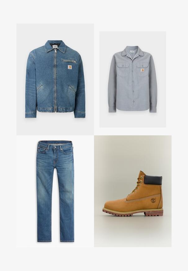 Veste en denim bleu avec fermeture éclair à l'avant, deux poches inférieures inclinées, une poche poitrine zippée et un patch carré du logo Carhartt sur la poitrine.; Chemise à manches longues gris clair avec deux poches poitrine, dont une avec un petit patch logo Carhartt sur le côté droit.; Jeans en denim bleu à jambe droite avec fermeture à bouton et à zipper à l'avant, design à cinq poches et décoloration subtile sur les cuisses et les genoux.; Bottine en cuir marron avec col noir, lacets jaunes et semelle beige. Présente un logo et des détails de couture blanche. Semelle extérieure à traction robuste.