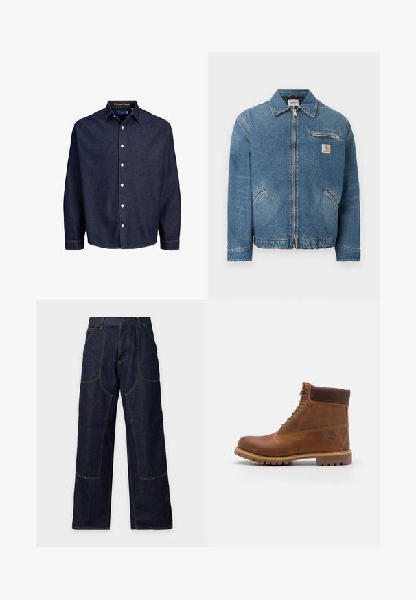 Blaue Jeansjacke mit durchgehendem Reißverschluss, zwei schräg angeordneten unteren Taschen, einer Reißverschlusstasche auf der Brust und einem quadratischen Carhartt-Logopatch auf der Brust.; Dunkelblaune Jeanshemd mit Knopfleiste, langen Ärmeln und klassischem Kragen, mit weißen Knöpfen und kontrastierenden Nähten.; Dunkelblaue Jeanshose mit weitem Bein, kontrastierenden Nähten, aufgesetzten Fronttaschen und Knopfverschluss in der Taille.; Braune Lederwanderschuhe mit glatter Oberfläche, gepolstertem Knöchel, Metallösen und einer Gummisohle mit robustem Profil.