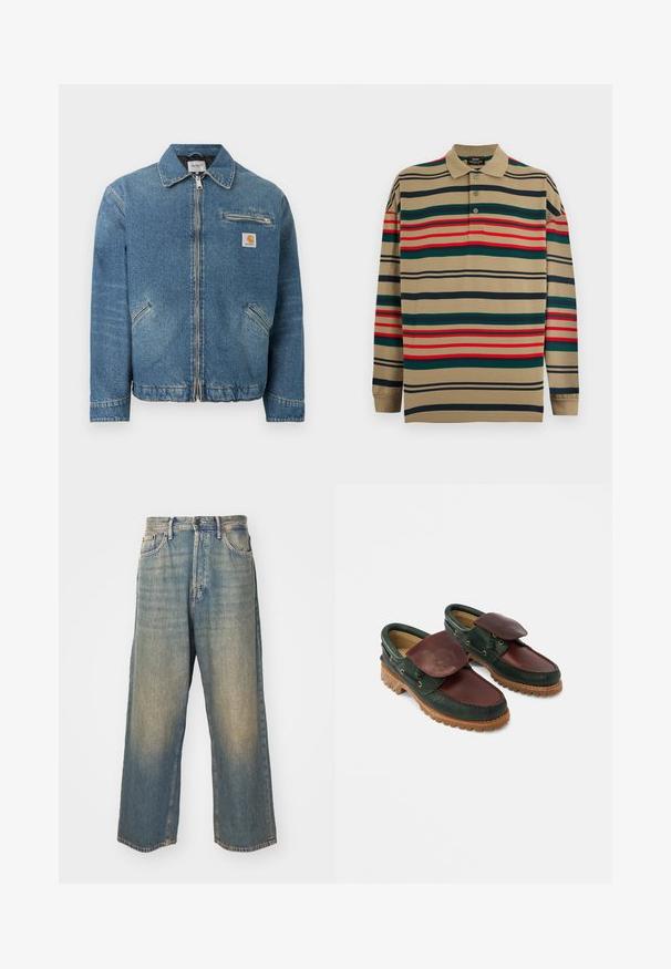 Blauwe spijkerjas met ritssluiting aan de voorkant, twee schuin geplaatste lagere zakken, een met rits afsluitbare borstzak en een vierkante Carhartt-logo patch op de borst.; Beige poloshirt met lange mouwen en groene, rode en zwarte horizontale strepen, met drie knopen bij de kraag.; High-rise, rechte, vervaagde blauwe spijkerbroek met zakken aan de voorkant en een knoopsluiting op een lichte achtergrond.; Leren schoenen met een donkergroene body en een wijnrode bovenkant, een ronde neus, een beveiligde klep en een gestructureerde rubberen zool met groeven.