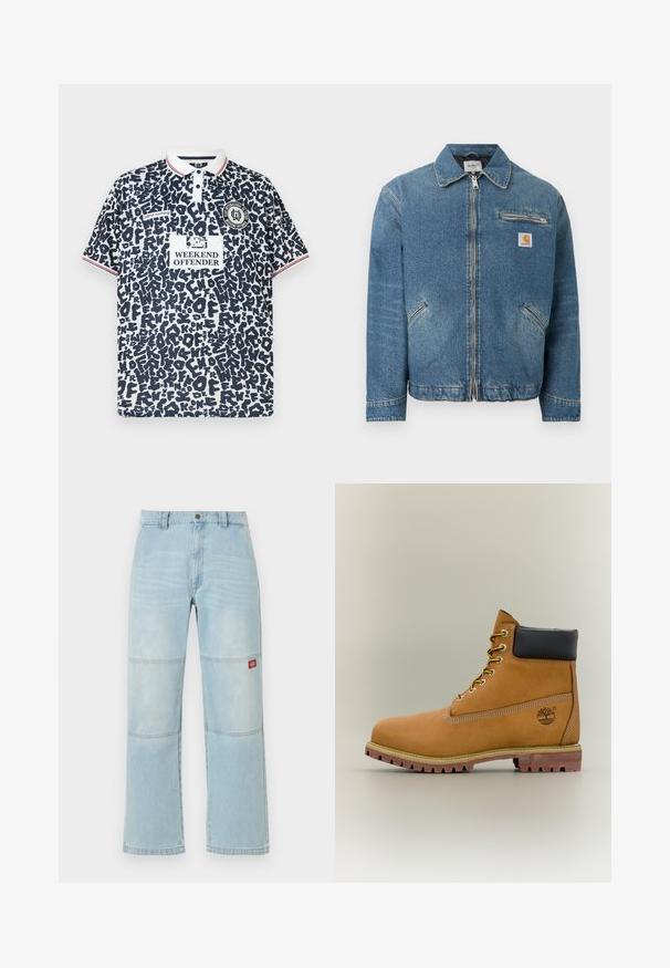 Veste en denim bleu avec fermeture éclair à l'avant, deux poches inférieures inclinées, une poche poitrine zippée et un patch carré du logo Carhartt sur la poitrine.; Polo avec imprimé abstrait noir et blanc, col blanc avec rayures rouges, texte « Weekend Offender » et logos sur la poitrine et les manches.; Jean en denim bleu clair à jambes larges avec des détails aux panneaux des genoux et un petit patch logo rectangulaire rouge sur la cuisse droite.; Bottine en cuir marron avec col noir, lacets jaunes et semelle beige. Présente un logo et des détails de couture blanche. Semelle extérieure à traction robuste.