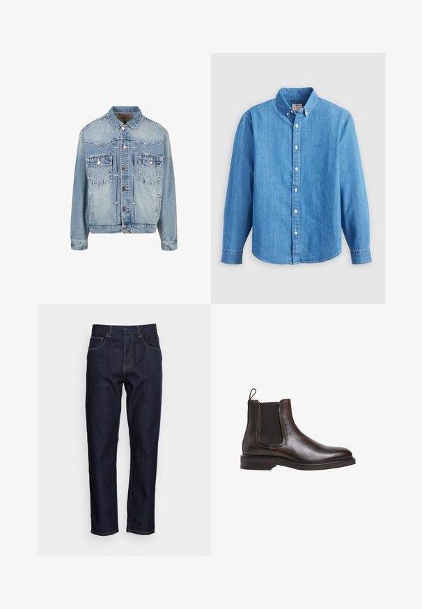 Hellblauje Denimjacke mit Knopfverschluss, zwei Brusttaschen mit Klappe und Knopf, genähten Details und klassischem Kragen.; Hellblaues Jeanshemd mit langen Ärmeln, button-down Kragen und weißen Knöpfen. Verfügt über ein kleines besticktes Logo auf der Brust.; Dunkelblaue Denim-Jeans mit geradem Schnitt, fünf Taschen und kontrastierendem gelben Nähten. Mit einem klassischen Knopf- und Reißverschluss ausgestattet.; Braune Leder-Chelsea-Boots mit elastischen Seiteneinsätzen, Schlupfgriff und niedrigem, gestapeltem Absatz. Glatte Textur und schlanke Silhouette.