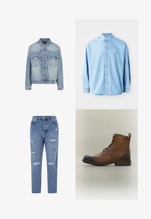 Chaqueta de mezclilla azul claro con cierre de botones, dos bolsillos en el pecho con solapa y botón, detalles de costura y cuello clásico.; Camisa de mezclilla azul claro, con botones y mangas largas, cuello puntiagudo y un pequeño logotipo en el lado izquierdo del pecho. Presenta un corte relajado y un diseño clásico.; Vaqueros de mezclilla de color azul claro con una cintura alta, pierna recta y un diseño desgastado que presenta desgarros y bordes deshilachados en toda la prenda.; Bota de cuero marrón con cordones hasta el tobillo, puntera negra, suela redonda y detalle de marca en el lateral sobre un fondo liso.