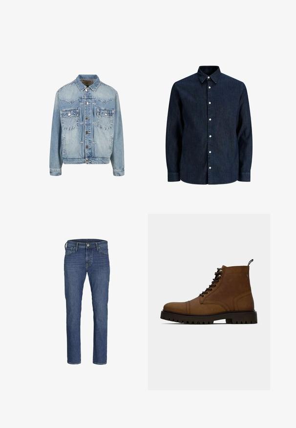 Veste en denim bleu clair avec façade à boutons, deux poches poitrine avec rabat et bouton, détails cousus et col classique.; Chemise en denim bleu foncé à manches longues avec des boutons blancs et un col pointu, présentée sur fond blanc.; Jean en denim bleus pour hommes avec une coupe droite, un style à cinq poches et une fermeture classique à boutons et à zip.; Botte de cheville en cuir marron à lacets avec semelle crantée noire épaisse et languette, sur fond blanc.