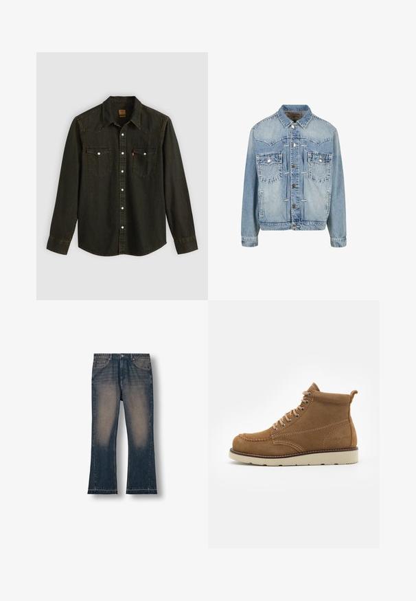 Lichtblauwe denimjas met knoopsluiting, twee borstzakken met klep en knoop, gestikte details en een klassieke kraag.; Zwart denim overhemd met lange mouwen, puntige kraag, twee borstzakken, zilveren knopen en gele stiksels. Klassiek westers ontwerp.; Donkerblauwe denim flared jeans met vervaagde dijen, vijf zakken en een rafelige zoom. Stevige stof met een klassieke pasvorm.; Bruine suède enkellaarzen met een ronde neus, vetersluiting aan de voorkant en een beige rubberen zool, met subtiele stiksels en een lus aan de achterkant.