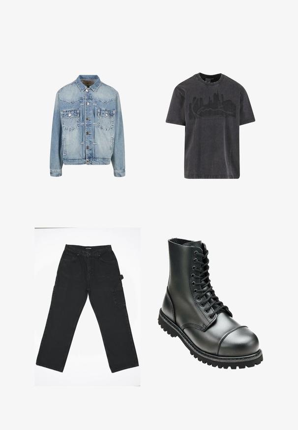 Lichtblauwe denimjas met knoopsluiting, twee borstzakken met klep en knoop, gestikte details en een klassieke kraag.; Zwart katoenen T-shirt met ronde hals, korte mouwen, met een verweerde skyline-afbeelding in donkergrijs over de borst.; Zwarte denim broek met een rechte pijpdesign, voorzien van een knoopsluiting aan de voorkant, achterzakken en een zijvak voor cargo.; Zwarte leren combatboot met hoge enkel, ronde neus, vetersluiting aan de voorkant, en robuuste rubberen zool met diepe profiel voor grip.