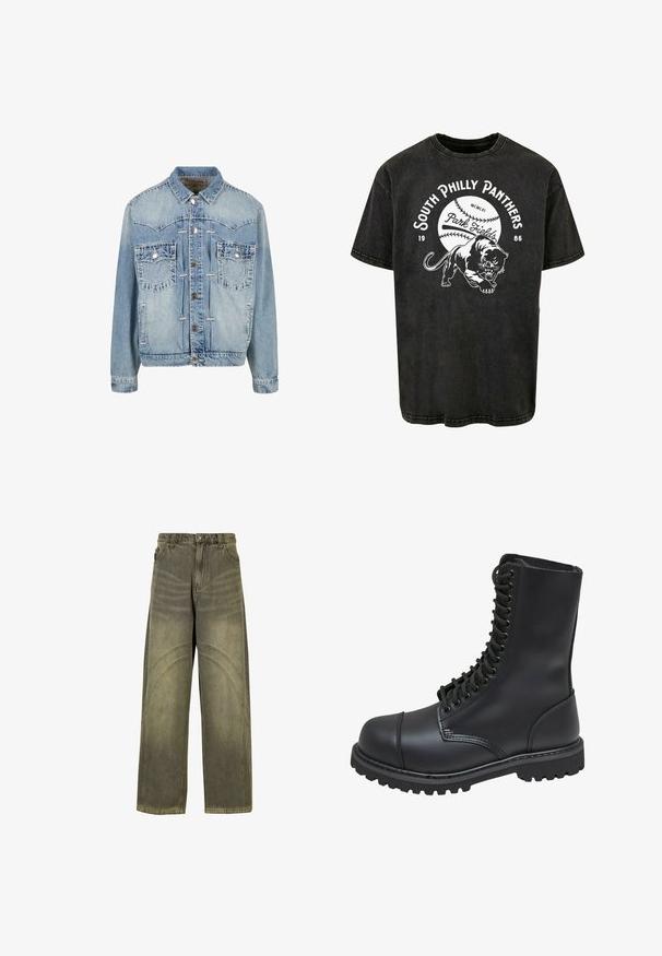 Lichtblauwe denimjas met knoopsluiting, twee borstzakken met klep en knoop, gestikte details en een klassieke kraag.; Zwarte katoenen t-shirt met korte mouwen, met een grafiek van een panter en de tekst "South Philly Panthers" met een honkbalontwerp.; Wijde spijkerbroeken van olijfgroene denim, met gebogen naadaccenten, klassieke knoopsluiting en een vervaagde afwerking.; Zwarte leren gevechtslaars met een hoge schacht, vetersluiting aan de voorkant, gewatteerde kraag en een stevige, gestructureerde zool voor grip. Bevat een versterkte neus.