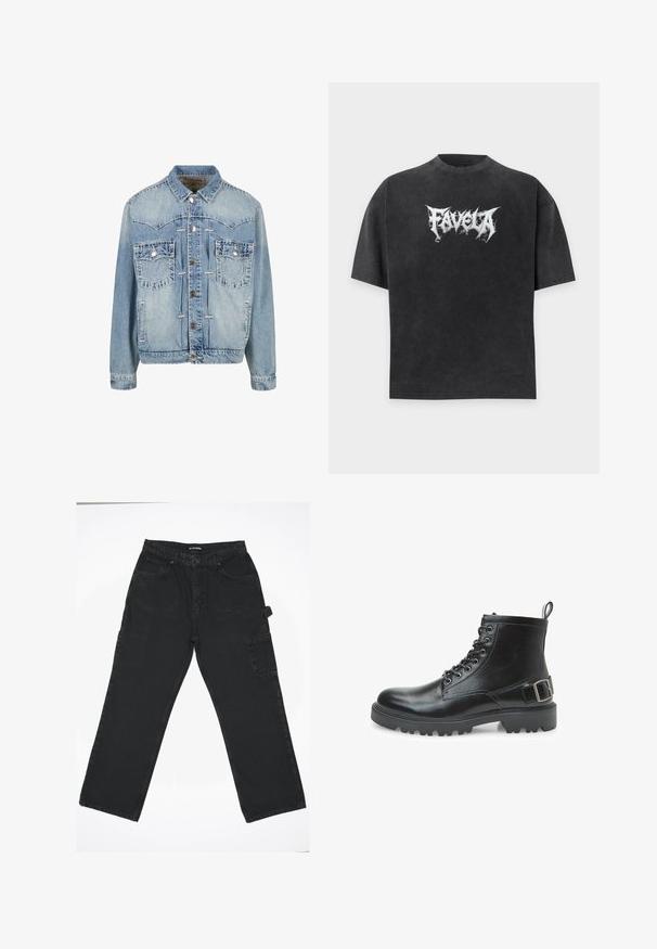 Hellblauje Denimjacke mit Knopfverschluss, zwei Brusttaschen mit Klappe und Knopf, genähten Details und klassischem Kragen.; Schwarzes oversized T-Shirt mit kurzen Ärmeln und weißem, stilisiertem Text "FAVELA" zentriert auf der Vorderseite.; Schwarze Denim-Hose mit geradem Bein, ausgestattet mit einem Frontknopfverschluss, Gesäßtaschen und einer seitlichen Cargo-Tasche.; Schwarzer Lederkampfstiefel mit Schnürsenkeln, Metallösen, robustem Sohlen, einer Schlaufe am Absatz und einem dekorativen Schnallenriemen an der Seite.