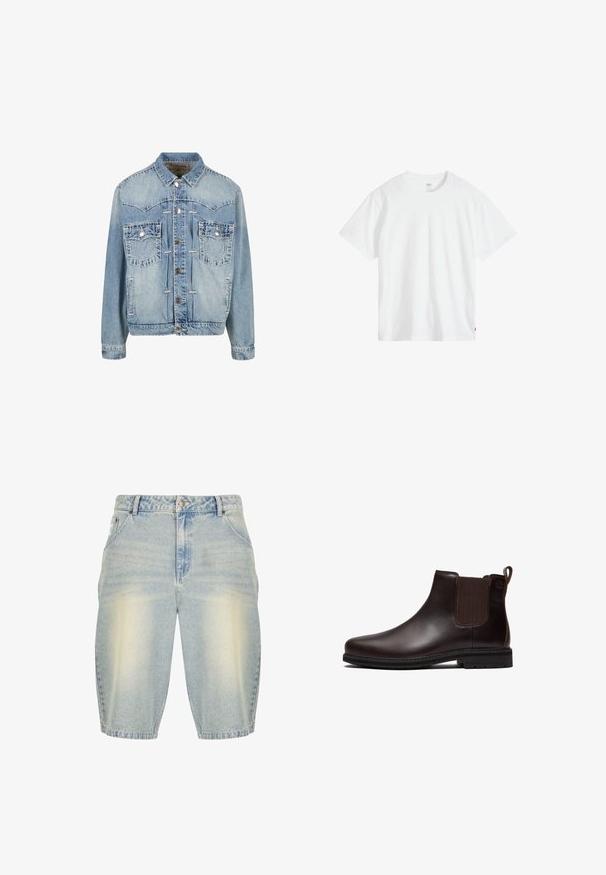 Hellblauje Denimjacke mit Knopfverschluss, zwei Brusttaschen mit Klappe und Knopf, genähten Details und klassischem Kragen.; Weißes Baumwoll-T-Shirt mit Rundhalsausschnitt, kurzen Ärmeln und lockerer Passform. Verfügt über ein kleines Markenschild unten links.; Helle blaue Denim-Shorts mit einem verblassten Washed-Effekt, ausgestattet mit einem klassischen Five-Pocket-Design, Gürtelschlaufen und einem geraden Schnitt.; Dunkelbrauner Chelsea-Lederstiefel mit elastischer Seitenpartie, Zuglasche an der Ferse und schwarzer Gummisohle, seitlich dargestellt.