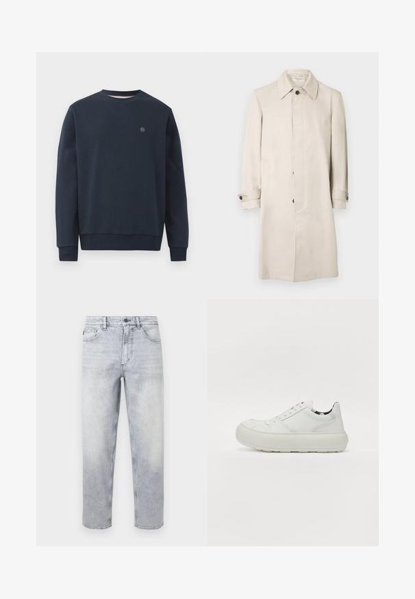 Beige trenchcoat gemaakt van soepel stof, met een klassieke kraag, knoopsluiting aan de voorkant en zijzakken. Lange mouwen met knoopmanchetten.; Marineblauwe sweatshirt van zacht materiaal, met een ronde hals, lange mouwen en een klein logo op de borst. Eenvoudig ontwerp, zonder patronen.; Lichtgrijze stonewashed spijkerbroek met knoop- en ritssluiting, voor- en achterzakken, rechte pijpen.; Witte leren sneaker met een ronde neus, gestikte details en een dikke rubberen zool. Minimalistisch ontwerp met een gladde textuur.